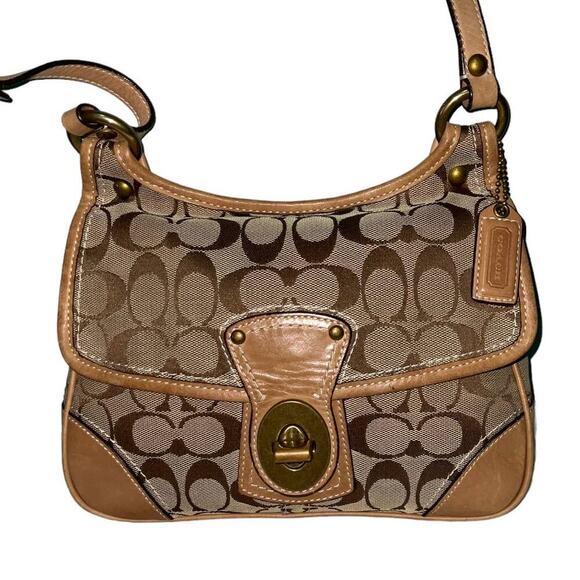 Coach Vintage Signature Monogram Turn lock Khaki Gold shoulder Crossbody Bag - Picture 5 of 16